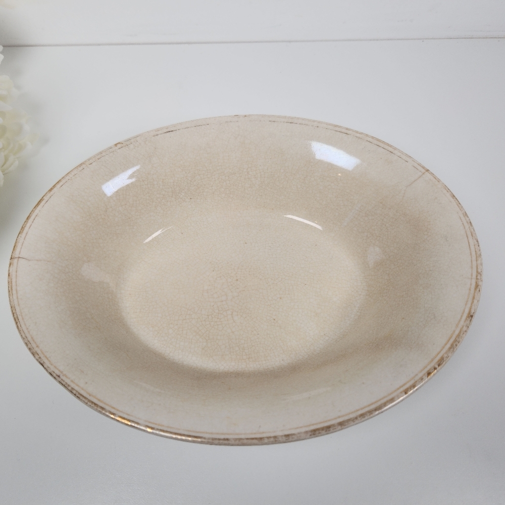 Vintage Crazed Stained Oval Steubenville Ironstone Serving Bowl- Shabby Chic